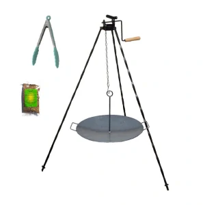 Grilovací souprava CLASSIC STEEL PRO: Trojnožka 1,2m s kladkou + Železná pánev 49 cm
